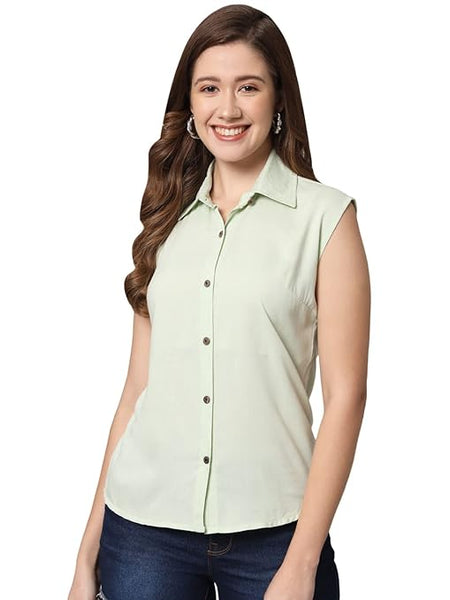 Women Plain Sleevesless Light Green Shirt