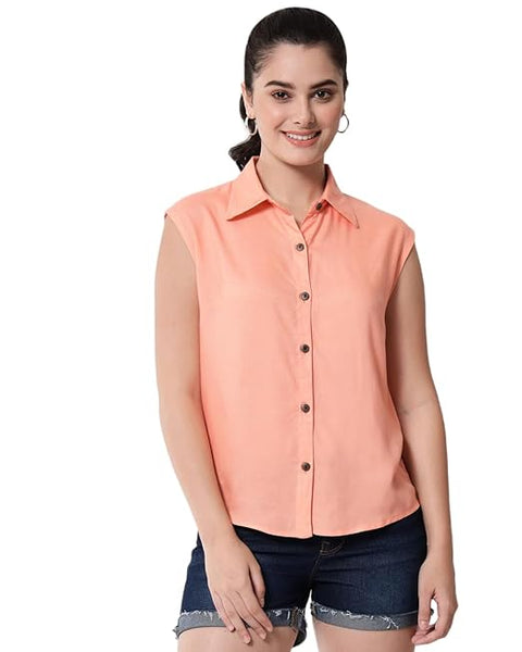 Women Plain Sleevesless Peach Shirt