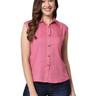 Women Plain Sleevesless Pink Shirt