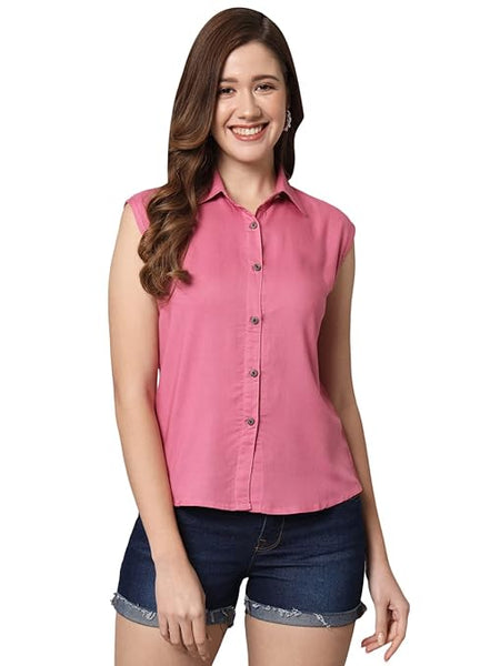 Women Plain Sleevesless Pink Shirt