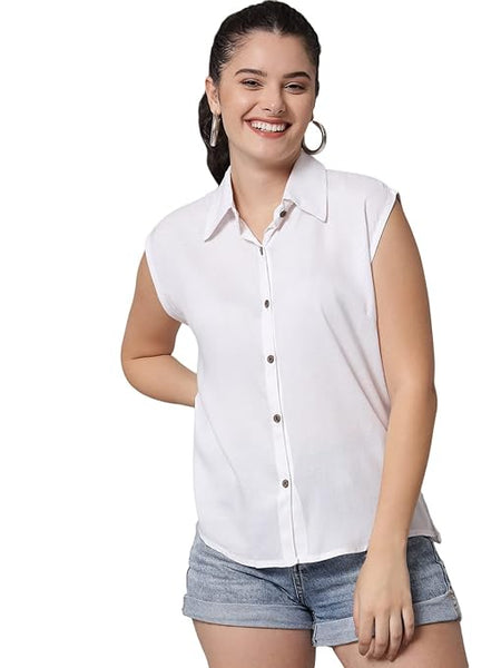 Women Plain Sleevesless White Shirt