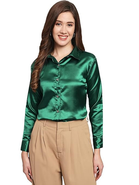 Women Formal Satin Green Shirt