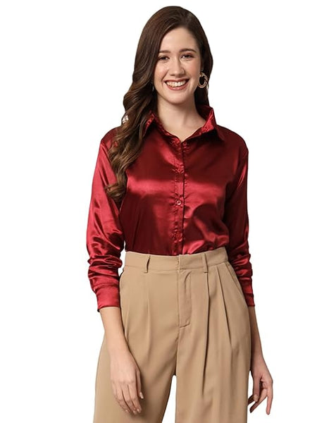 Women Formal Satin Maroon Shirt