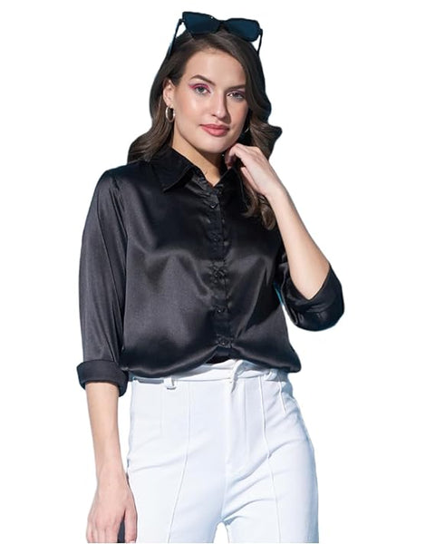 Women Formal Satin Black Shirt