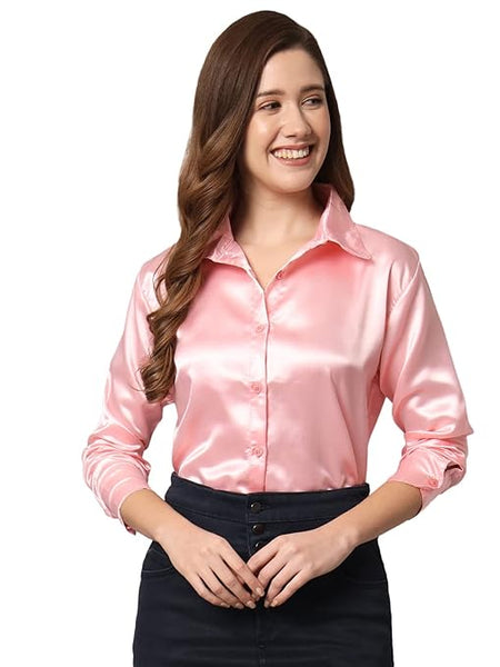 Women Formal Satin Pink Shirt