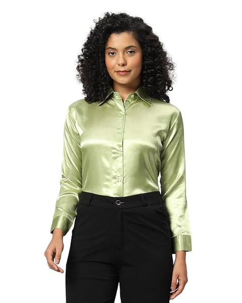 Women Formal Satin Pista Green Shirt