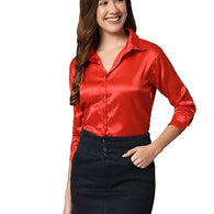 Women Formal Satin Red Shirt