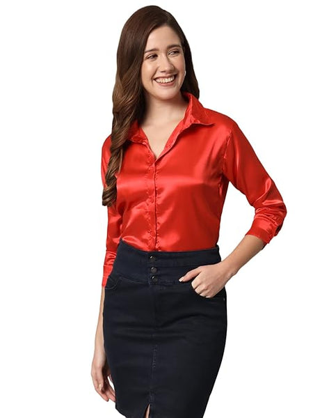 Women Formal Satin Red Shirt