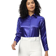 Women Formal Satin Royal Blue Shirt