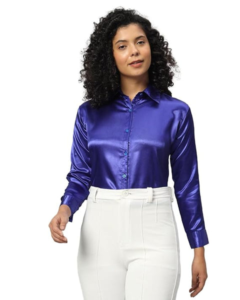 Women Formal Satin Royal Blue Shirt