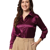 Women Formal Satin Wine Shirt