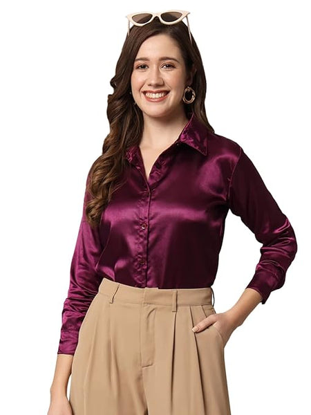 Women Formal Satin Wine Shirt