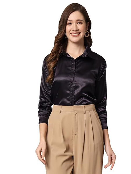 Women Formal Satin Dark Black Shirt