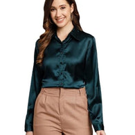 Women Formal Satin Dark Green Shirt