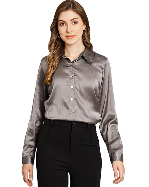 Women Formal Satin Dark Grey Shirt