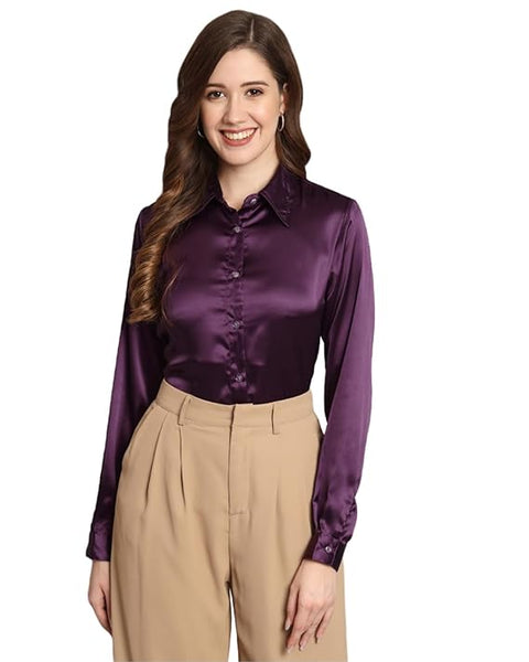 Women Formal Satin Dark Purple Shirt