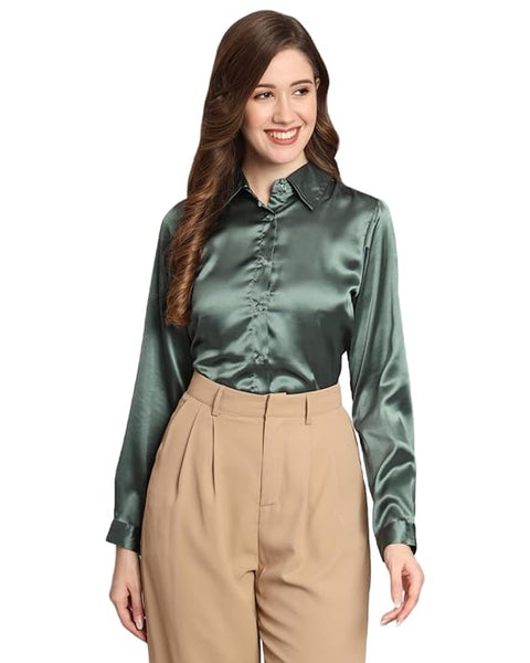 Women Formal Satin Greyish Green Shirt