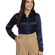 Women Formal Satin Navy Blue Shirt