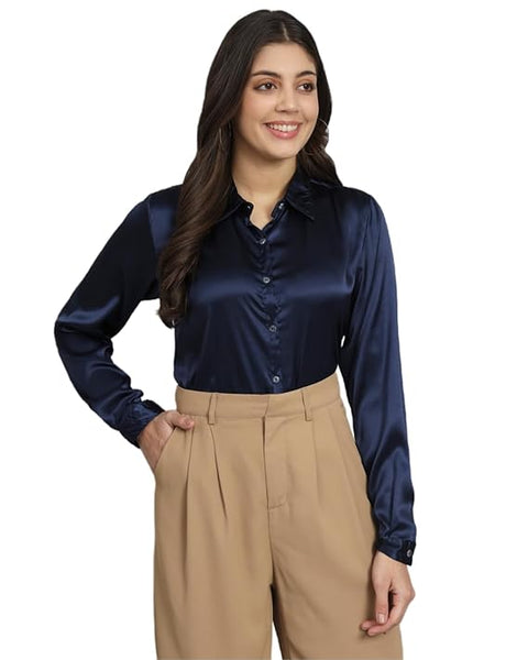 Women Formal Satin Navy Blue Shirt