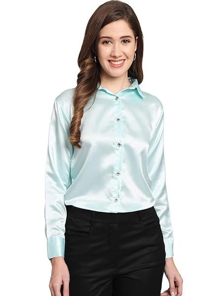 Women Formal Satin Sky Blue Shirt