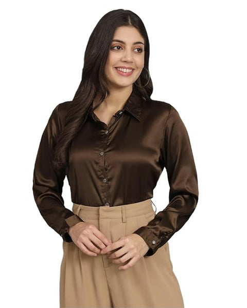 Women Formal Satin Dark Brown Shirt