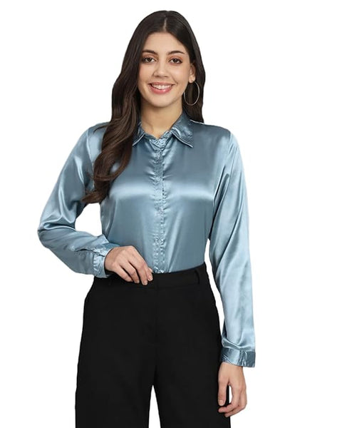 Women Formal Satin Light Blue Shirt