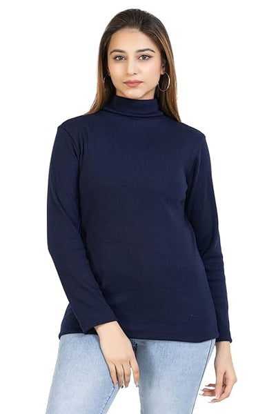 Women High Neck Navy Blue Sweatshirt