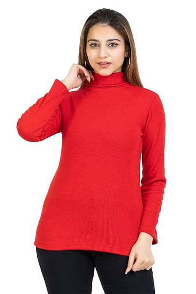 Women High Neck Red Sweatshirt