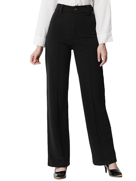 Women Polyester Solid Black Trousers