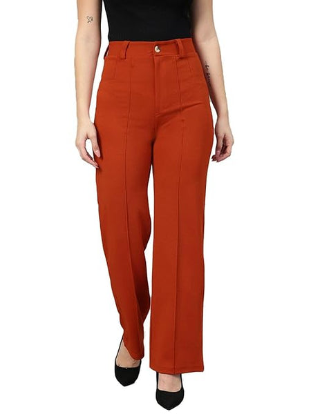 Women Polyester Solid Orange Trousers