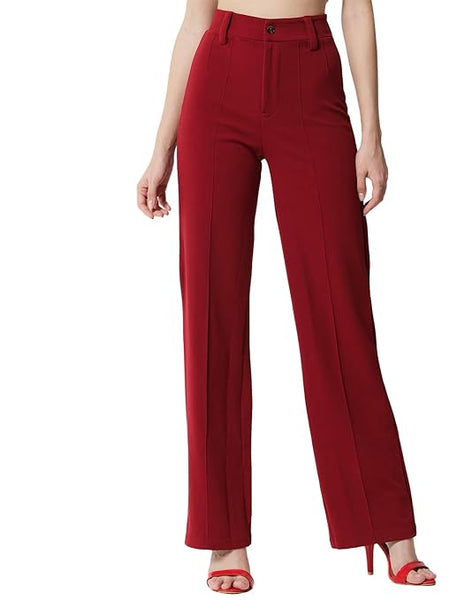 Women Polyester Solid Cherry Maroon Trousers