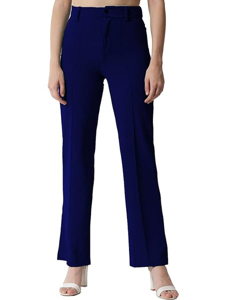 Women Polyester Solid Dark Blue Trousers