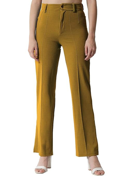 Women Polyester Solid Brown Trousers