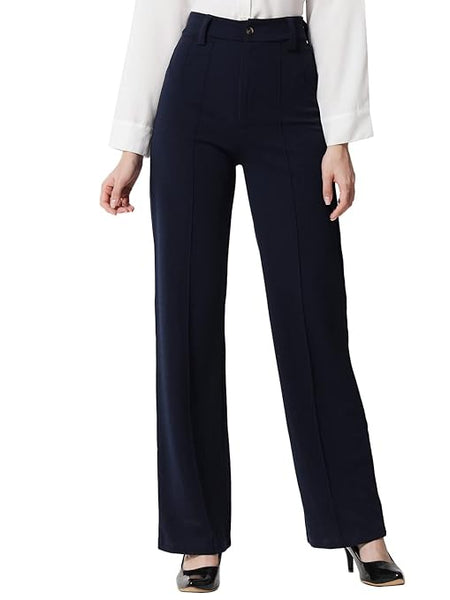 Women Polyester Solid Navy Blue Trousers