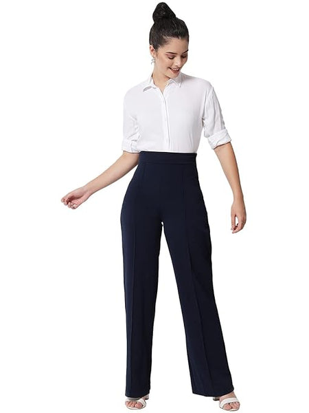 Women Solid Polyester Navy Blue Trouser