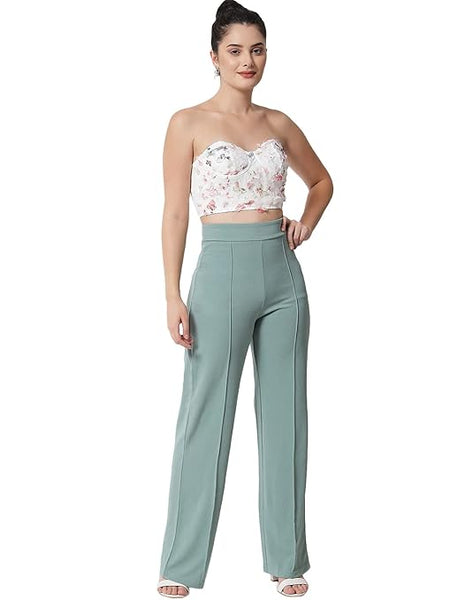 Women Solid Polyester Light Blue Trouser