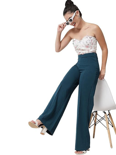 Women Solid Polyester Sea Green Trouser