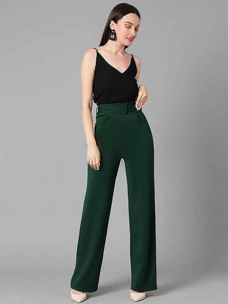 Women High Rise Korean Green Trousers