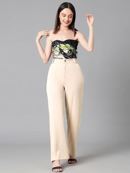 Women's High Rise Beige Cotton Fit Trousers