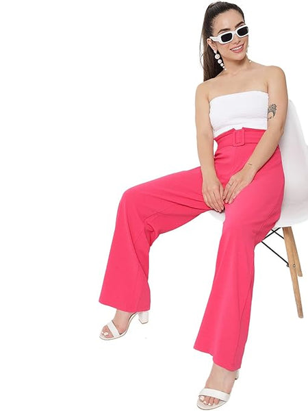 Women High Rise Korean Rose Pink Trousers