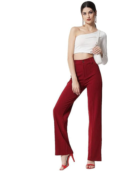 Women Solid Blend Maroon Trousers