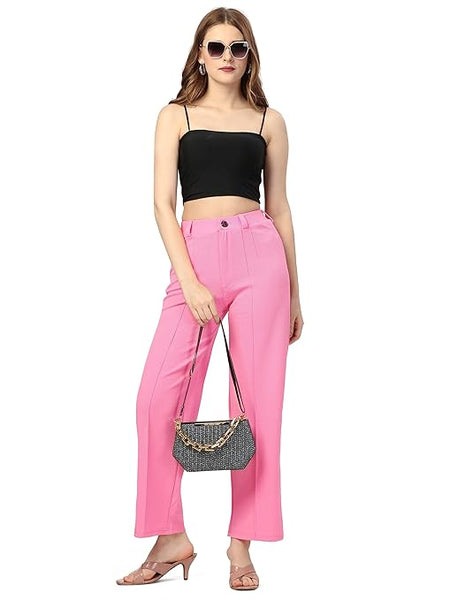 Women Solid Blend Baby Pink Trousers