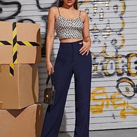 Women Solid Blend Navy Blue Trousers