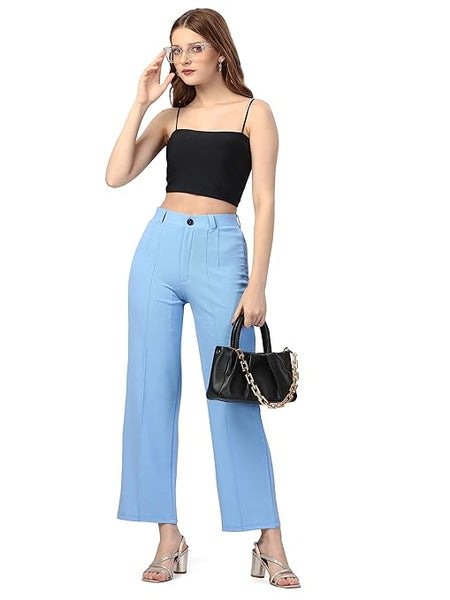 Women Solid Blend Sky Blue Trousers