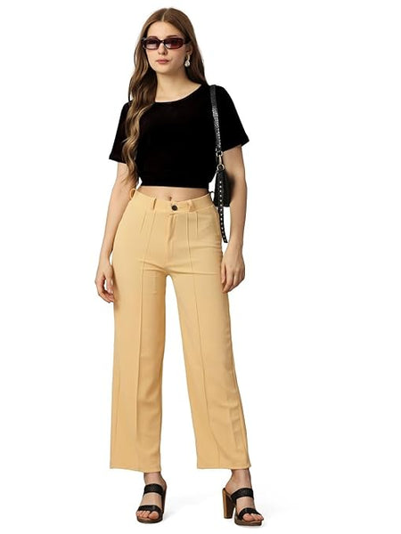 Women Solid Blend Beige Trousers