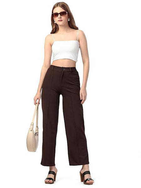 Women Solid Blend Brown Trousers