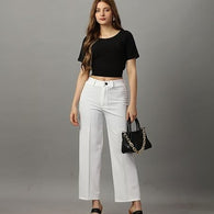 Women Solid Blend White Trousers