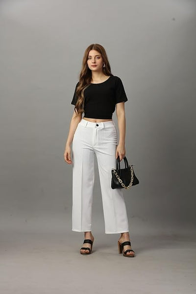 Women Solid Blend White Trousers