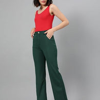 Women's High Rise Green Cotton Fit Trousers