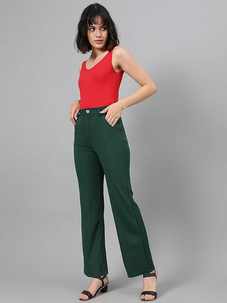 Women's High Rise Green Cotton Fit Trousers